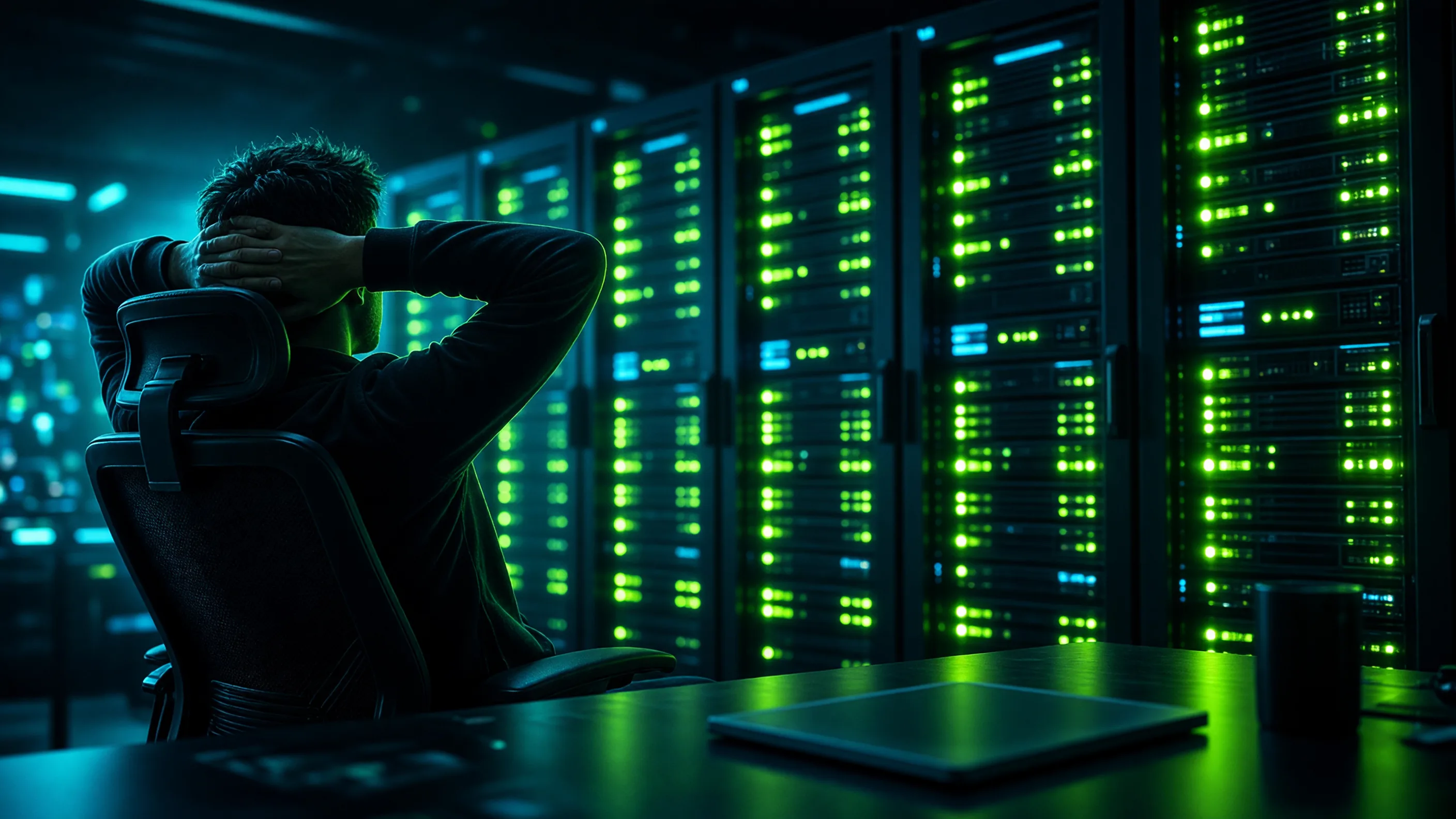 Довольный разработчик отдыхает в ночном офисе на фоне стабильно работающих серверных стоек с зелеными индикаторами
