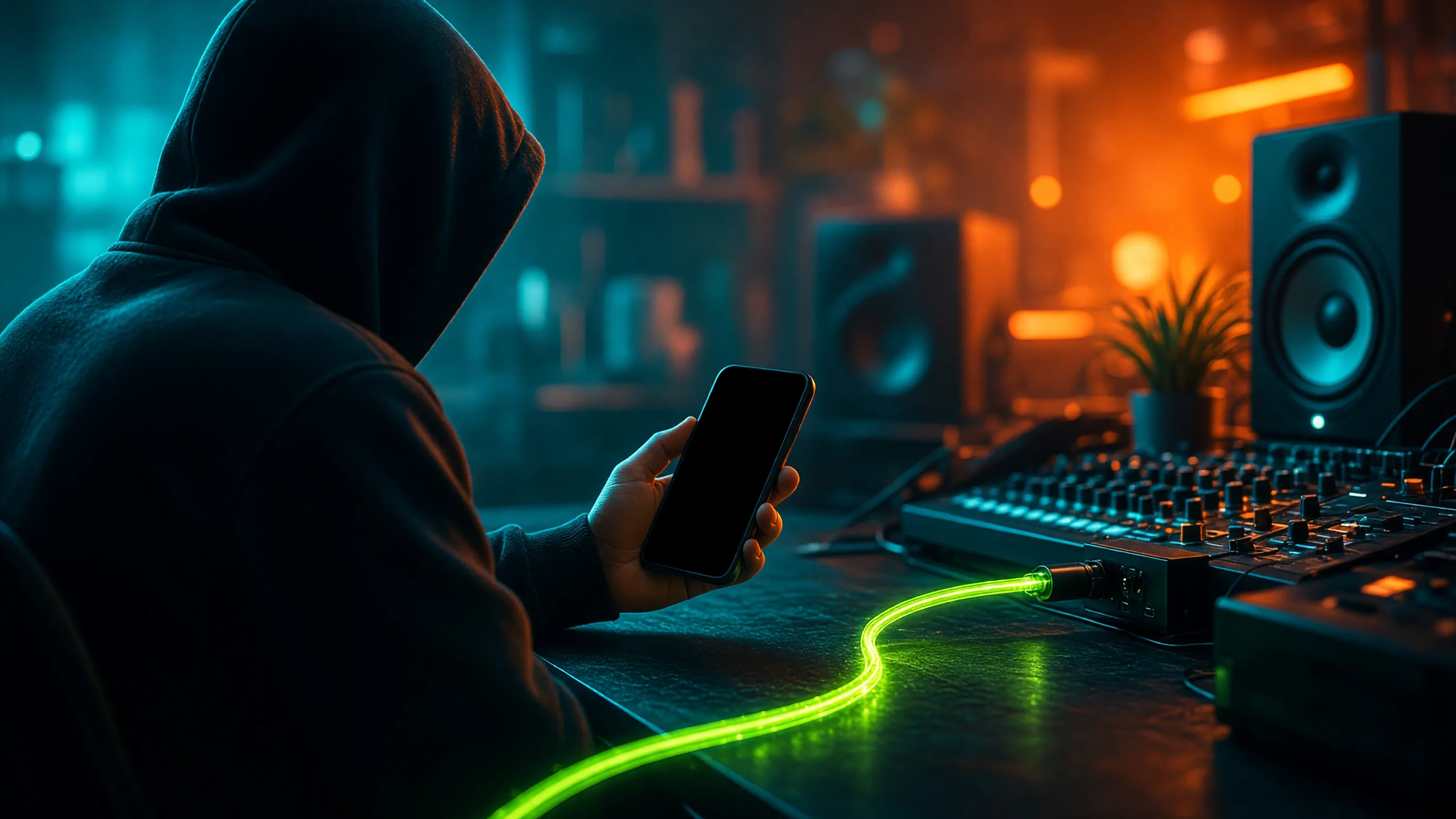Музыкант за рабочим местом с телефоном и светящимся зеленым сетевым кабелем подключения