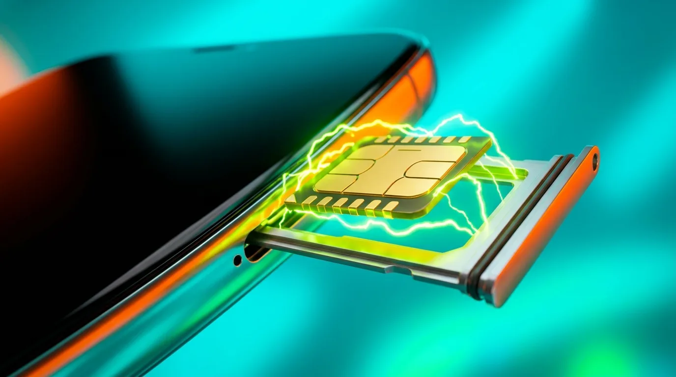 Макросъемка установки золотистой eSIM-карты в смартфон с яркими неоновыми искрами и подсветкой